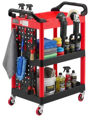 Obrázok produktu pre VEVOR Servisný vozík, dielenský vozík, plastový vozík s 810x425x970 mm, čierno-červený, nosnosť 136 kg, vrátane 3 úrovní, perforovanej dosky a 4 koliesok, univerzálny vozík pre garáž, dielňu a sklad