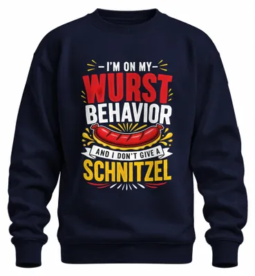 Imagen del producto de Camiseta "I'm On My Wurst Behavior", corte "Schnitzel", camisa tradicional, pantalones de cuero, sudadera, jersey, color azul marino, talla M