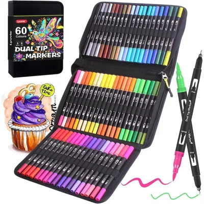 Zdjęcie produktu dla Zestaw 60 flamastrów filcowych, w tym pędzle akwarelowe, zestaw cienkopisów (0,4 mm) oraz markery do rysowania o grubościach 1-5 mm