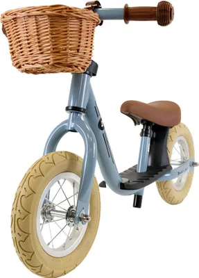 Produktbild von Bandits & Angels Laufrad aus Metall mit Weidenkorb Retro Petrol Blau mit Trittbrett ab 2 Jahren – Blaues Lauflernrad – Verstellbarer Sattel 29 bis 39 cm – Für Jungen und Mädchen – Niedriger Einstieg