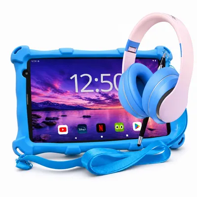 Produktbild von AngelTech Kinderpaket PRO MAX - Kindertablet + Kinderkopfhörer - Android 14 - 4+3 GB RAM - 64+64 GB - Octa-Core-Prozessor - Schnelles 8 Zoll - Blau