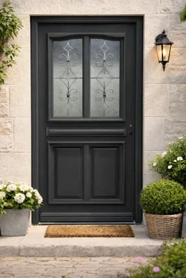 Immagine prodotto di Porta d'ingresso in legno con vetro Mathilde Grigio Antracite, H.215xL.90 cm, lato tavolo P. sinistra, maniglia, cilindro, pulsante, GD MENUISERIES