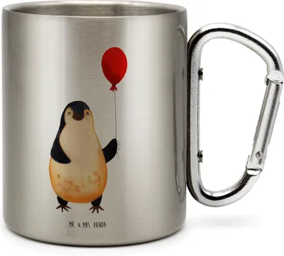 Produktbild von Mr. & Mrs. Panda Teetasse Pinguin Luftballon - Transparent - Geschenk, Jahrmarkt, Metallbecher, Liebe, Geschenkidee, Edelstahl Trinkbecher, Kirmes, Thermobecher, Glück