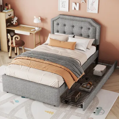 Zdjęcie produktu dla Płaskie łóżko 90 x 200 cm, tapicerowane łóżko, tapicerowana szafka nocna z ozdobnymi nitami, dwie szuflady, kolor szary
