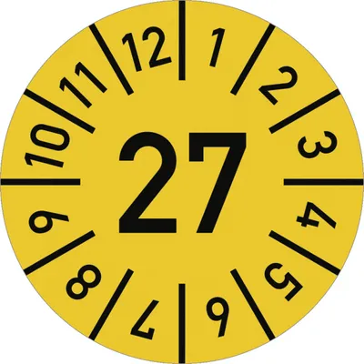 Produktbild von Dreifke® Prüfplakette Jahr 27 mit Monaten, gelb, Dokumentenfolie, Ø 30 mm, 10...
