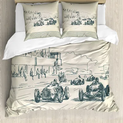 Produktbild von ABAKUHAUS Oldtimer Bettbezug, Racing Cars Sketchy, Milbensicher Allergiker geeignet mit Kissenbezügen, 200 cm x 200 cm - 80 x 80 cm, Beige Forest Green