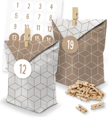 Produktbild von itenga SET Adventskalender 24 x Tüten Geometrie + Klammern + Zahlensticker (Z32)