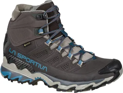 Wanderschuhe für Damen; Modell "Ultra Raptor II Mid Leather Woman GTX" von La Sportiva; grau mit blauen Akzenten.