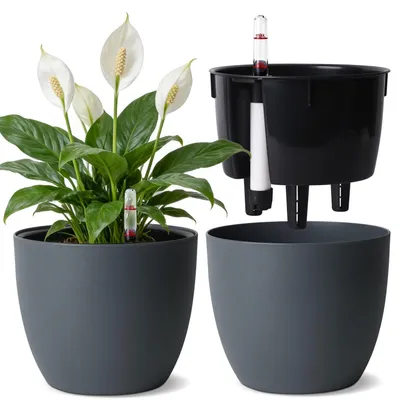 Produktbild von Selbstbewässerungstopf 2 Stück 15cm mit Wasseranzeiger Grau PP Innen/Außen
