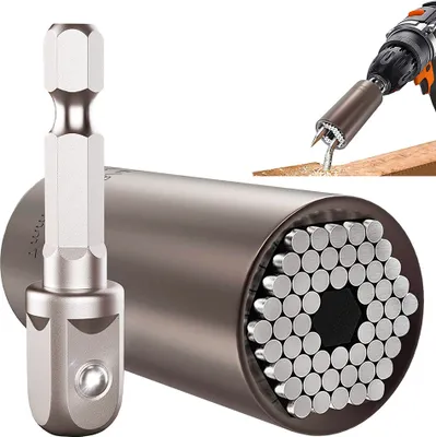 A universal socket wrench set and a drill bit adapter are shown against a white background. A smaller inset image shows the socket wrench being used with a drill on a piece of wood.