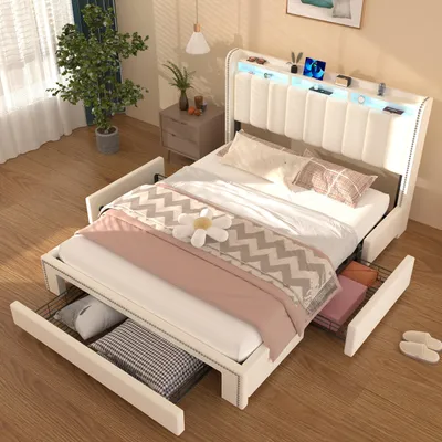 Immagine prodotto di Letto matrimoniale con struttura - 140x200 cm - Dotato di 3 cassetti e testiera con illuminazione LED USB - Struttura in metallo robusta