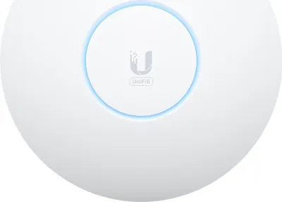 A close-up view of a white Ubiquiti UniFi 6 enterprise access point.