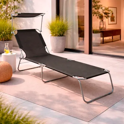 Produktbild von 3-Bein Gartenliege Campingliege Schwarz 186x55x24cm  Sonnenschutzdach
