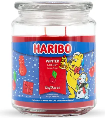 Produktbild von Haribo™ Duftkerze Winter Cherry, 2 Dochte, HxD: 13x10 cm, 100h Brenndauer, Kerze im Glas, Karamell, Kirsche, Orange, rot