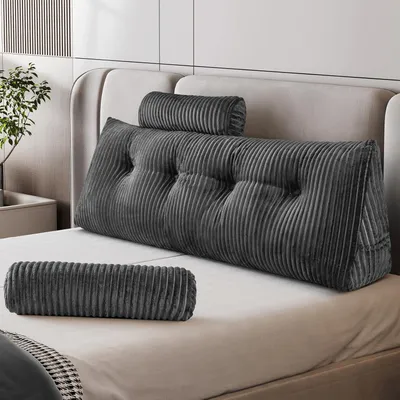 Produktbild von Bücherkissen und Keilkissen für Bett und Sofa, praktisches Lesekissen mit abnehmbarem Bezug und rundem Kopfkissen (Grau, 120 * 50 * 20cm)