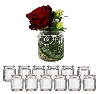 Produktbild von 12er Set Windlichter aus Glas im Vintage-Stil – Teelichthalter H 9 cm für Tischdekoration, Hochzeit & stimmungsvolle Deko – Teelichtgläser