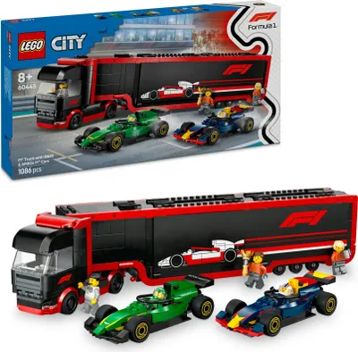 Produktbild von LEGO City F1 Transporter mit RB20 & AMR24 F1 Rennautos - Spielzeug Autotransporter für Red Bull & Aston Martin Formel 1 Teams - Inkl. 5 Minifiguren - Geschenk für Jungen & Mädchen ab 8 Jahren 60445