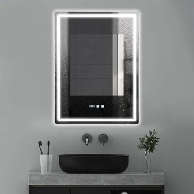 Productafbeelding van Spiegel voor de badkamer met verlichting, LED-spiegel, wandspiegel met klok, temperatuurweergave en anti-condensfunctie, dimbare spiegel (50x70 cm)