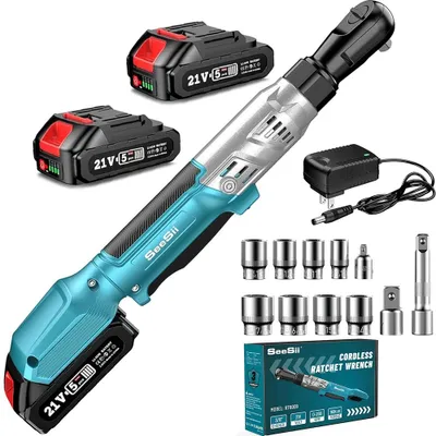 Produktbild von Akku-Ratschenschlüssel - Elektrischer Winkelschlüssel - 0,95-cm-Vierkantaufnahme - 21 V - 90 Nm - 2 Akkus - Für Autoreparaturen - Aufbewahrungskoffer