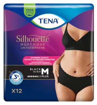 Zdjęcie produktu dla 2x TENA Silhouette Plus Czarne majtki chłonne rozmiar M | opakowanie (12 sztuk)