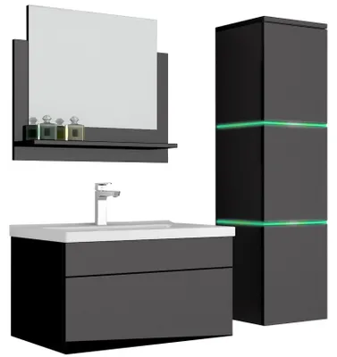 Produktbild von 4 teiliges Waschplatz Badmöbel Komplettset inkl. LED Beleuchtung hochglanz Schwarz