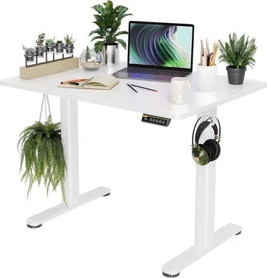 Image de Bureau assis-debout électrique réglable en hauteur, blanc, 100 x 60 cm – Fonction mémoire, gestion des câbles, protection anti-collision, structure robuste, idéal pour le télétravail