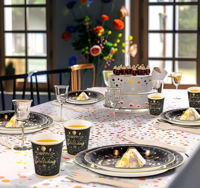 Produktbild von Papiergeschirr Set - 200 Stück wiederverwendbar - Schwarz und Gold - Festgeschirr für Geburtstage, Hochzeiten, Jubiläen, Weihnachten