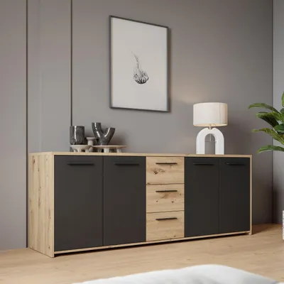 Image de Buffet en mélamine à particules - Chêne Artisan et noir - 4 portes + 3 tiroirs - 179,2 x 42 x 74,5 cm