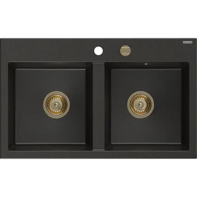 Zdjęcie produktu dla Mexen Hektor zlewozmywak granitowy 2-komorowy 800 x 480 mm, czarny/złoty metalik, syfon złoty - 6521802000-75-G