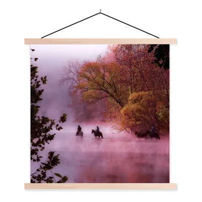 Produktbild von MuchoWow® Textilposter Pferde - Nebel - Wald 40x40 cm mit holzfarbenen Rahmen - Posterleiste
