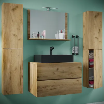 Produktbild von VCM 5-tlg. Waschplatz Waschtisch | schwarzes Waschbecken Unterschrank Breite 60 cm | Badmöbel Set mit Schubladen Drehtüren Spiegel | Lendas S BL