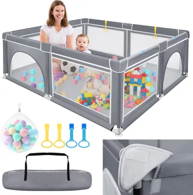 Produktbild von XMTECH Laufstall Baby 180×150×68cm, Laufgitter Baby mit atmungsaktivem Netz und Bällen und 4 Zugringen,, Extra großer Spielstall für Babys und Kleinkinder,robuster Sicherheitsspiel Yard für Innenspaß,Dunkelgrau