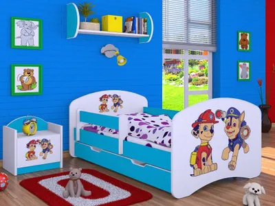 Produktbild von BDW, Kinderbett mit Rausfallschutz, Matratze, Schublade, Blau Superhund, 6, 140x70cm