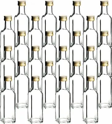 Produktbild von gouveo 24er Set Glasflaschen 100 ml Maraska klar mit Deckel goldfarben - Kleine Maraska Flaschen 0,1 l