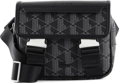 A black and gray Lacoste messenger bag with a geometric pattern.