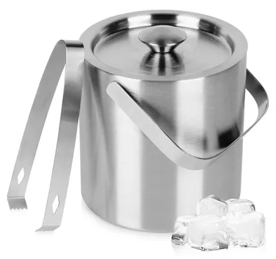 Image de Seau à glace isolé - Seau à glace avec pince à glace - Acier inoxydable - LFGB - Argenté