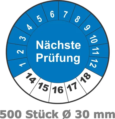 Produktbild von 500 Stück Prüfplaketten für 5 Jahre und 12 Monate, Durchmesser 30 mm rund, Farbe blau-weiss, Aufkleber, Prüfaufkleber, Prüfetiketten, Folienaufkleber mit UV-Schutzlackierung, Prüfung ( Auf-P1 )