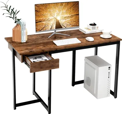 Produktbild von COSTWAY Schreibtisch mit Schublade, Computertisch 120x55x75cm klein, Officetisch Bürotisch PC-Tisch Arbeitstisch Metallgestell Vintage Braun