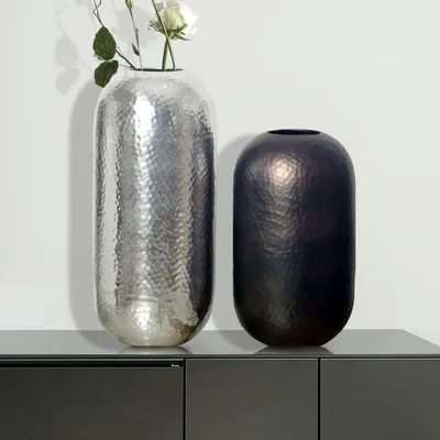 Produktbild von FineBuy Deko Vase 2er Set Aluminium Silber Schwarz-Bronze Blumenvase Modern Dekovase Hammerschlag Rund 2-teilig Metall für Blumen Alu Tischvase
