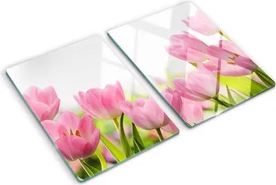 Produktbild von Tulup Glas Herdabdeckplatte - 2x40x52 cm - Glaskeramikkochfeld-Abdeckung Spritzschutz Glasabdeckplatte Kochplattenabdeckung und Schneidebrett - Zweiteilig - Blumen & Pflanzen - Rosa Tulpen - Rosa