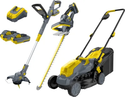 Produktbild von DOC GREEN Rasenmäher-Set | 6-teiliges Rasentrimmer Set | 18V 2,0 Ah Akku inkl. Ladegerät | Garten, Trimmen, Mähen