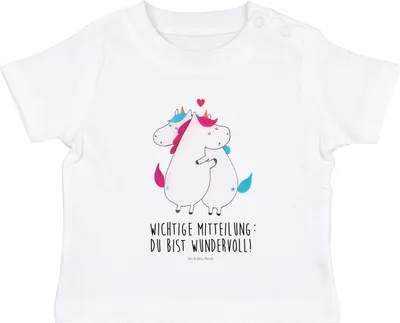 Produktbild von Mr. & Mrs. Panda Babyshirt Einhorn Mitteilung 12. - 18. Monat - Weiß - Geschenk, Liebe, T-Shirt Baby, Valentinstag, , Spruch, Jerseyshirt, Einhörner, Baumwollshirt