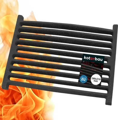 A black metal grate with flames in the background. There are labels on the grate.
