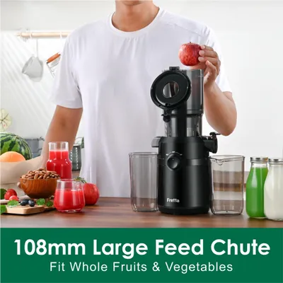 Imagen del producto de Exprimidor de zumo en frío, con una abertura de entrada de 108 mm, embudo de 1,0 litros, 200 W, fabricado con Tritan libre de BPA, ideal para frutas enteras y