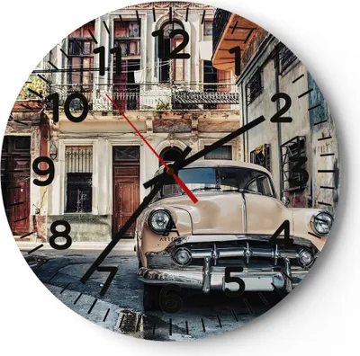 Produktbild von Wanduhr - Rund - Glasuhr - Kubanisch Auto Mietshäuser - 30x30cm - Schleichendes Uhrwerk - Lautlos - zum Aufhängen bereit - Dekoration Modern - Wanddekoration aus Glas - C4AR30x30-4413