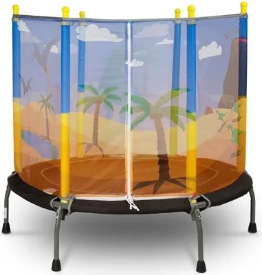 A children's outdoor trampoline with a dinosaur-themed safety net.