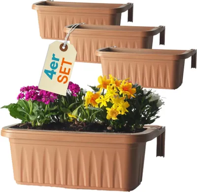 Produktbild von 4er Set Blumenkasten Balkongeländer Balkon Blumenkasten Balkonkasten mit Halterung Balkonkasten Geländerkasten Balkonkasten mit Wasserspeicher 50 cm Terrakotta