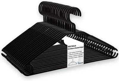 Produktbild von Schwarze Kleiderbügel 100er, platzsparend, rutschfest, drehbarer Haken, stabil