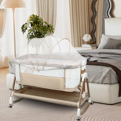 Produktbild von 2 in 1 Beistellbett Baby,Bettseitiger Bassinet für Neugeborene,6-stufig Höhenverstellbares Babybett,Neigbar Stubenwagen,Kinderbett 90x60x90-115cm Beig