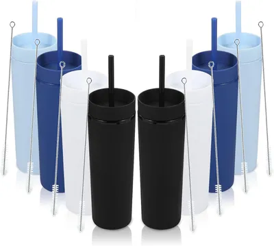 Productafbeelding van Plastic Slanke Tumbler van 473 ml (16 oz) met Deksel en Rietje - Verpakking van 8 Stuks - Geïsoleerde Dubbelwandige BPA-vrije Matte Acryl Tumblers